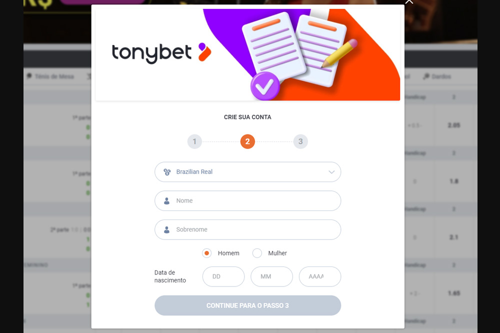 Como Registrar-se no TonyBet (screen 3)